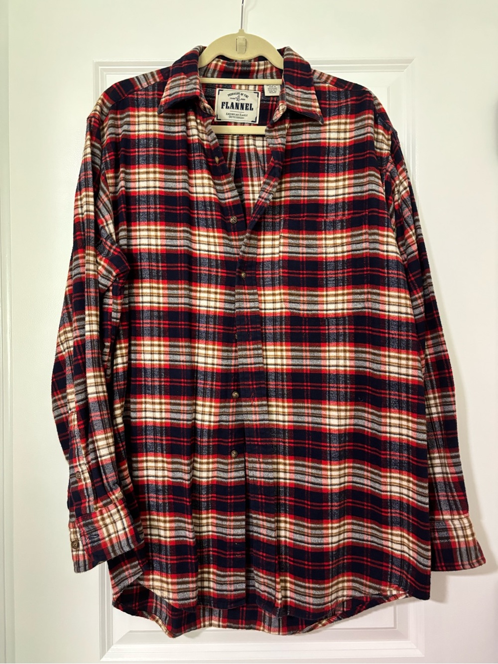 American Eagle Outfitters Red and Navy Plaid Flannel Button-Down